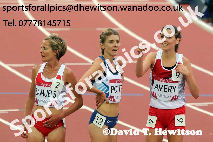 Sonia Samuels (England), Beth Potter (Scotland) and Kate Avery (England) after the 10000 metres at the Commonwealth Games, Glasgow. Photo: David T. Hewitson/Sports for All Pics